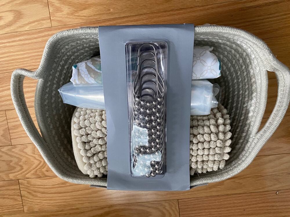 VCNY Home 16pc Bath Bundle Set Shower Curtain Hooks Rug Basket Beige